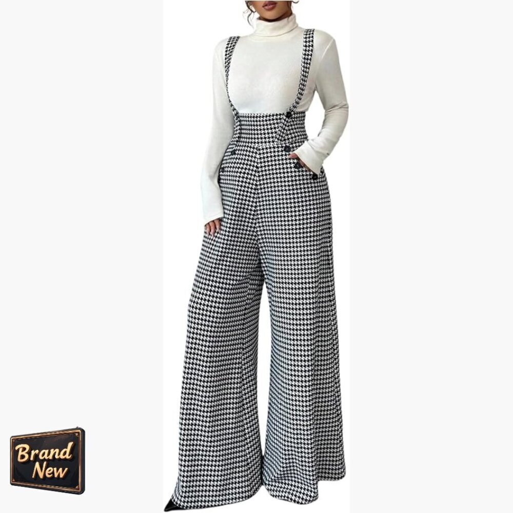 Sleeveless Houndstooth Jumpsuit with Pockets, Adjustable Straps, Wide Leg
